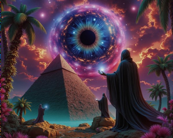 Hooded Figures Before a Colorful Pyramid Landscape