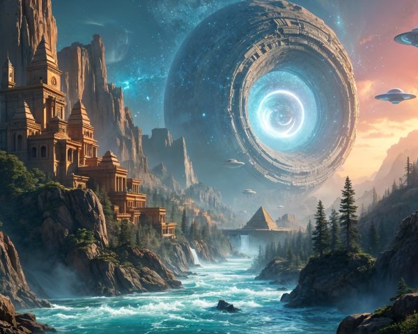 Majestic Mountains and Temples in a Fantasy Landscape
