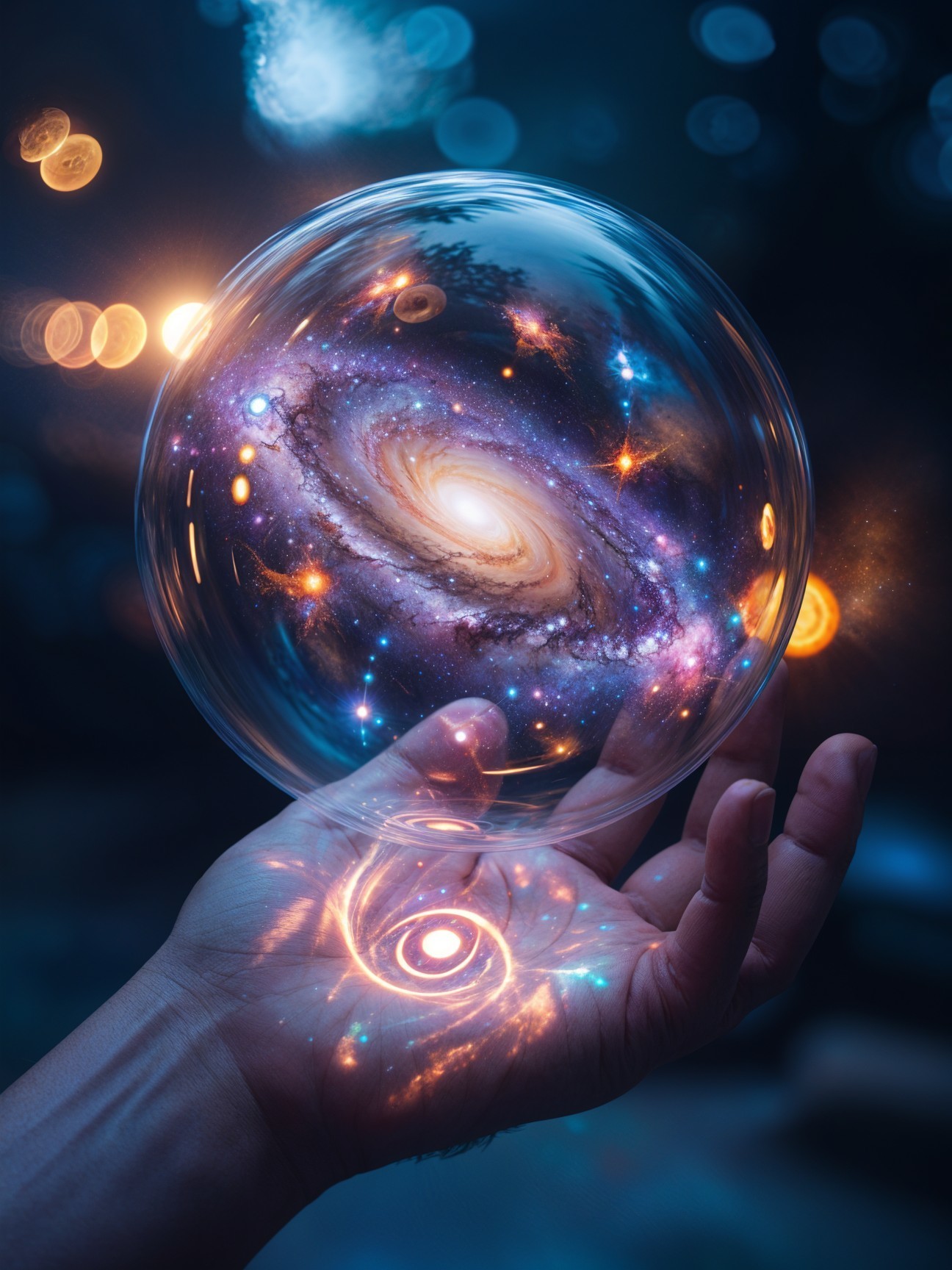 Hand Holding Translucent Bubble with Vibrant Galaxy