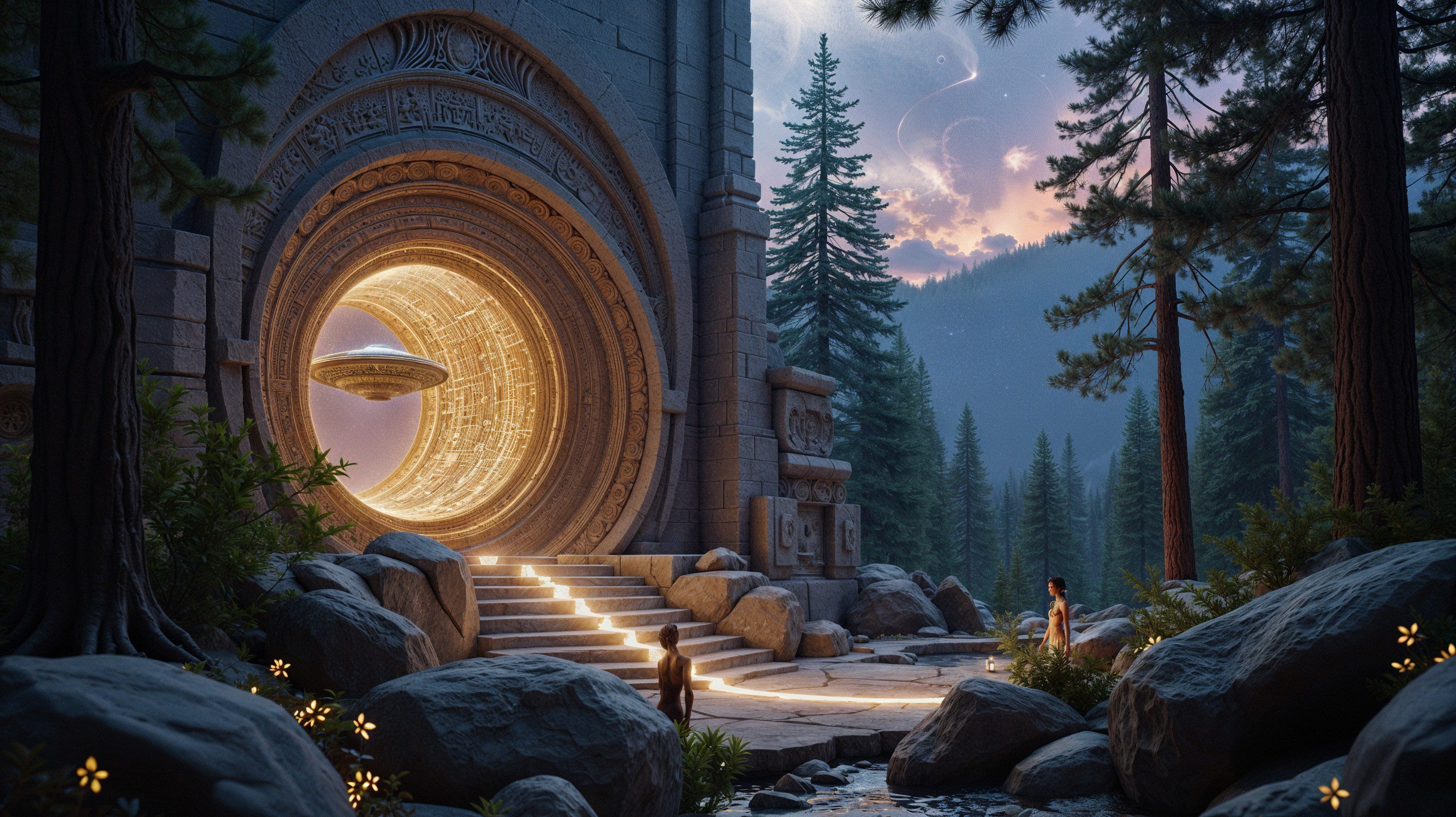 Mystical Stone Archway in a Serene Forest Setting