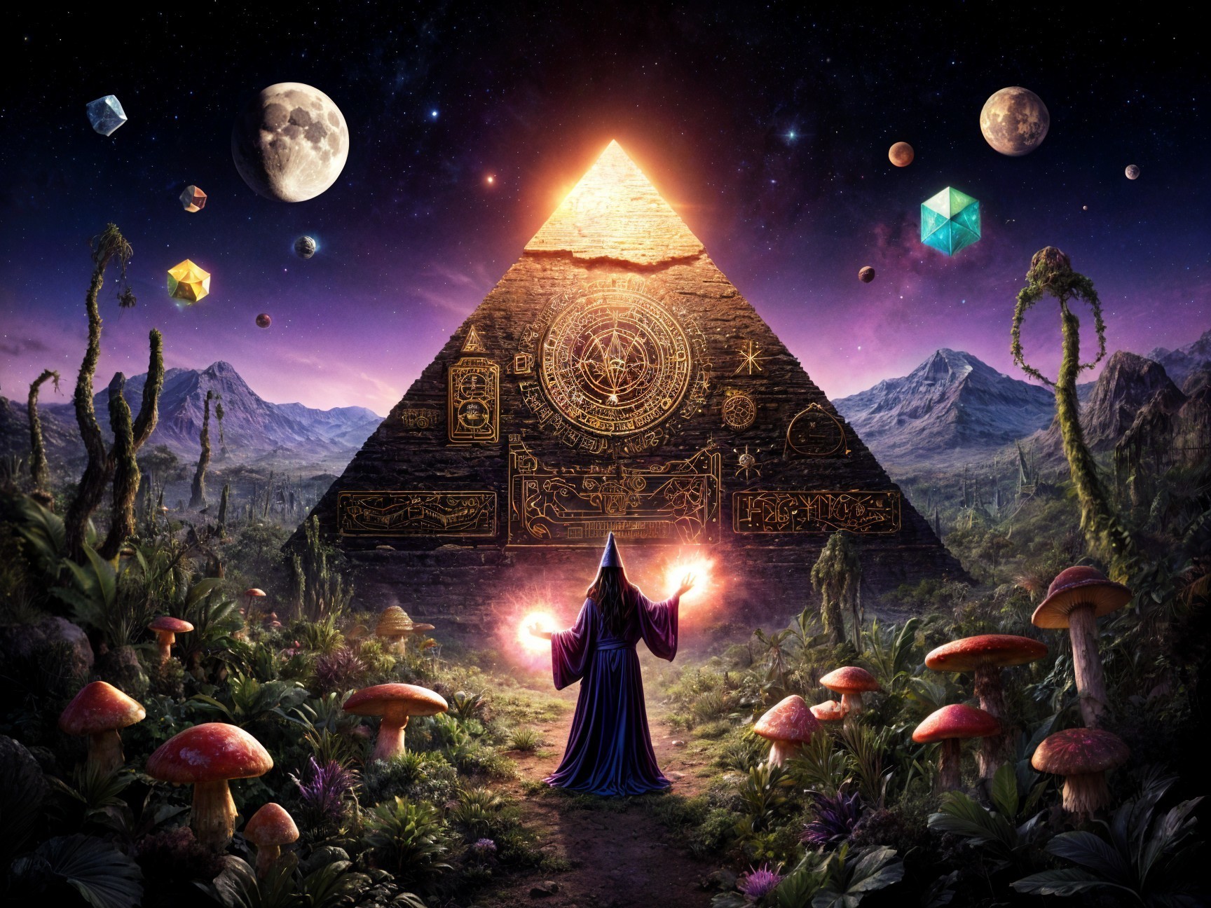 Cloaked Figure and Pyramid in a Mystical Landscape
