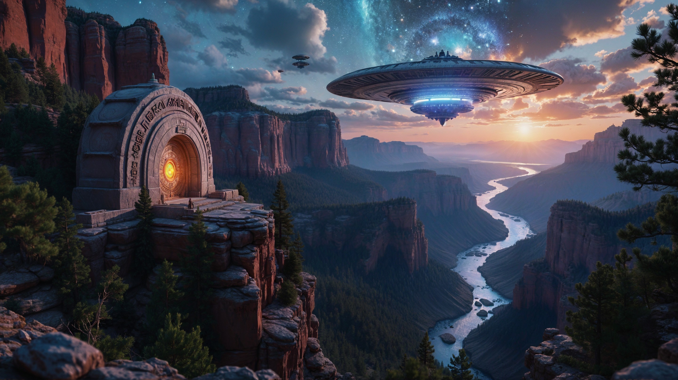 Majestic canyon with sunset hues and ancient gateway