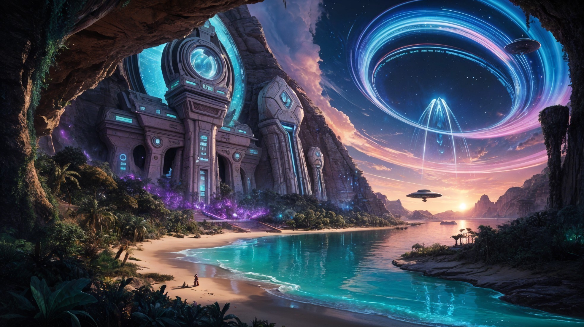 Alien Landscape with Futuristic Structures and Beach