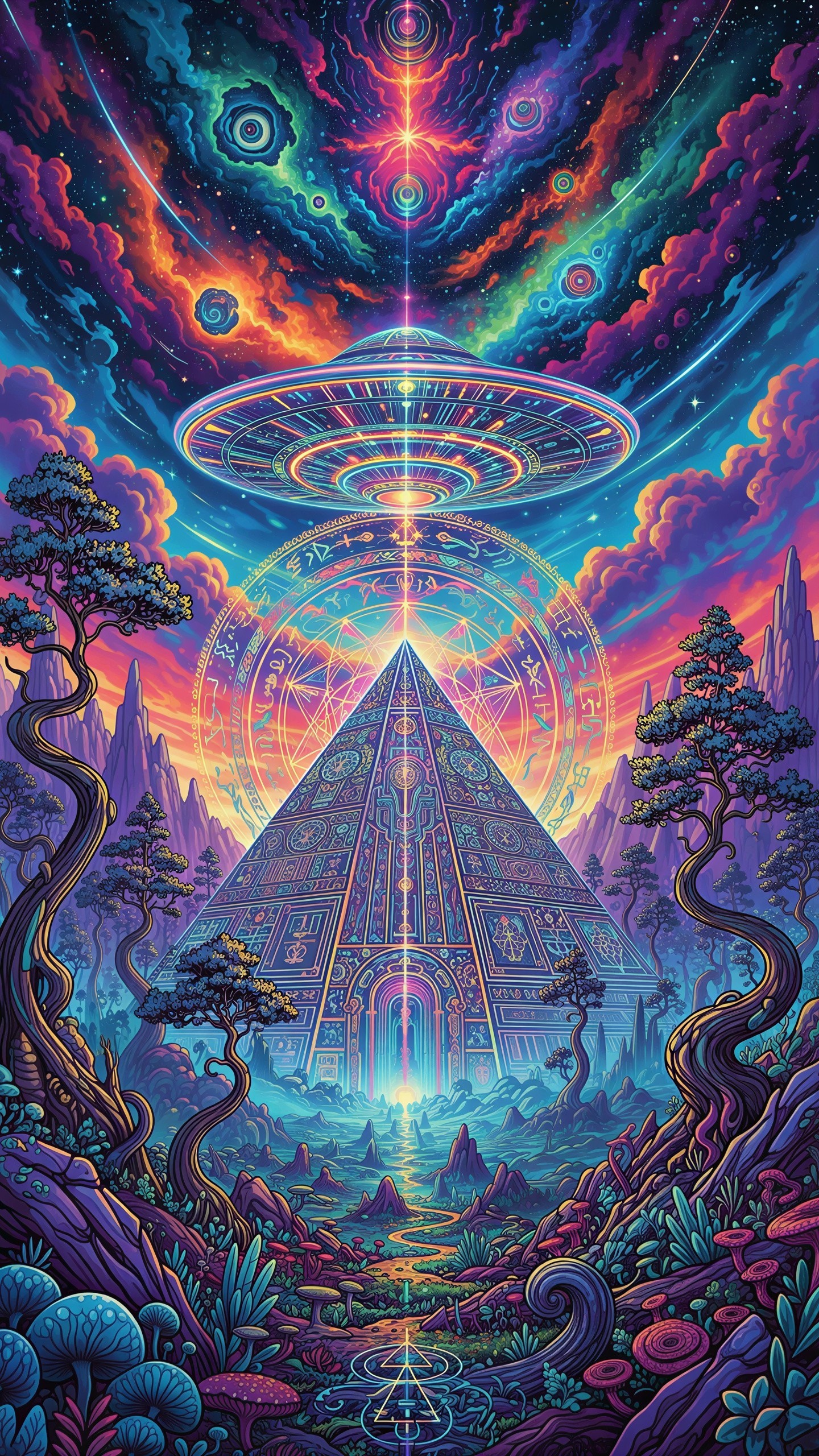 Vibrant Psychedelic Landscape with Glowing Pyramid and UFO