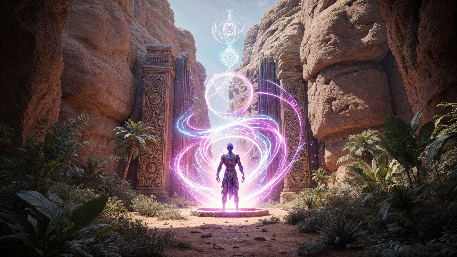 Majestic Figure Before Ornate Stone Gates in Desert