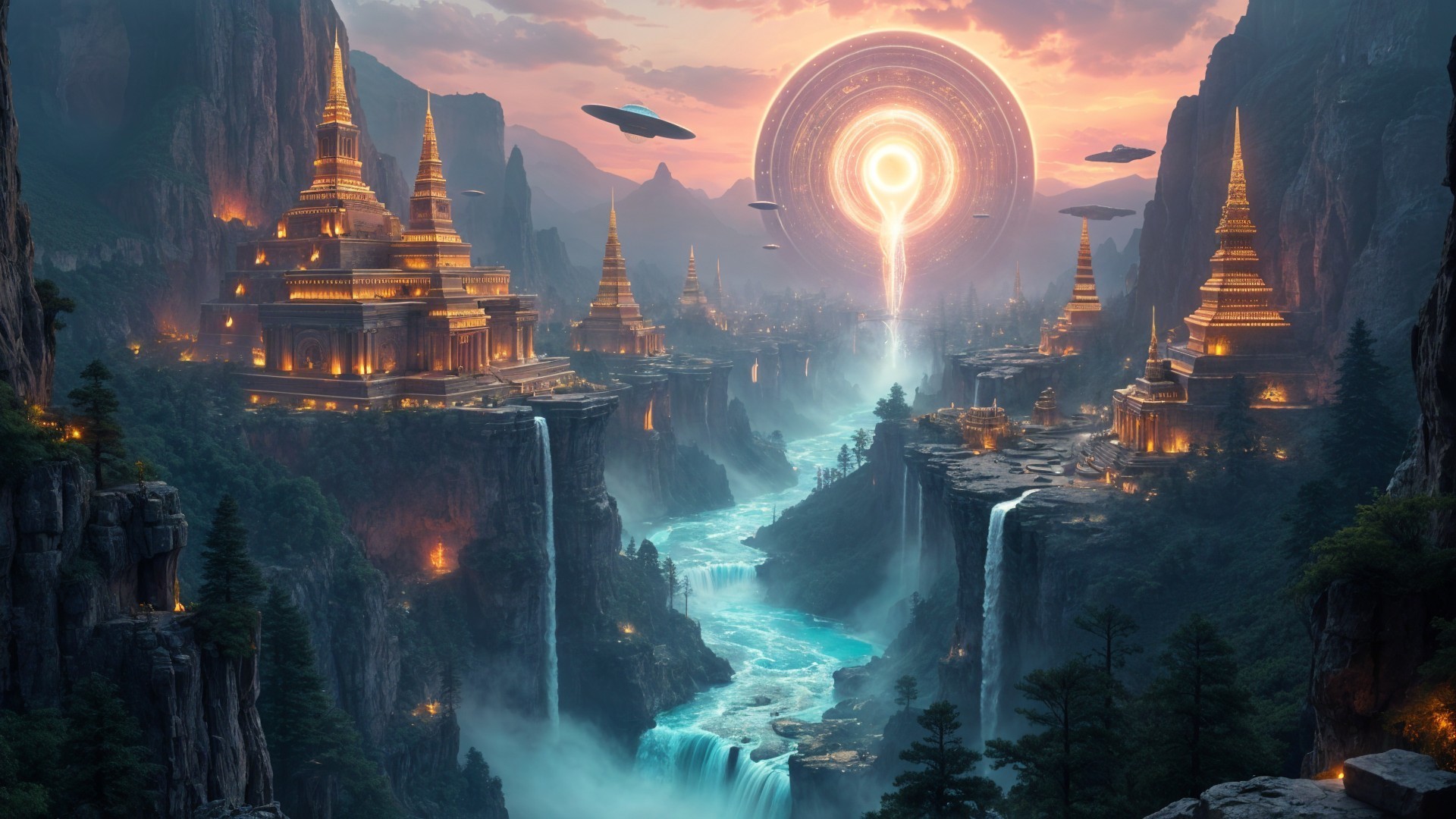 Majestic Temples and Waterfalls in a Vibrant Landscape