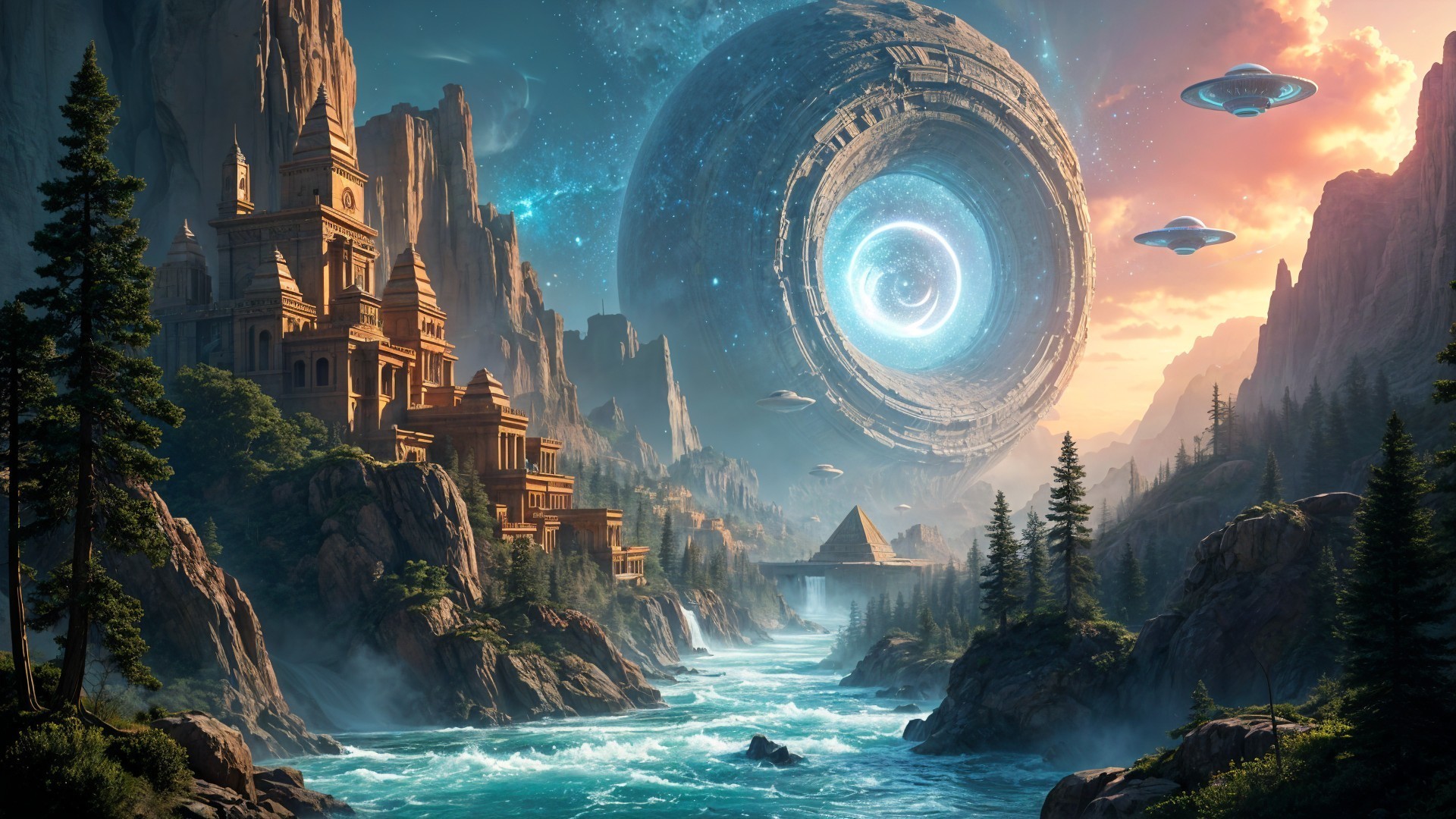 Majestic Mountains and Temples in a Fantasy Landscape