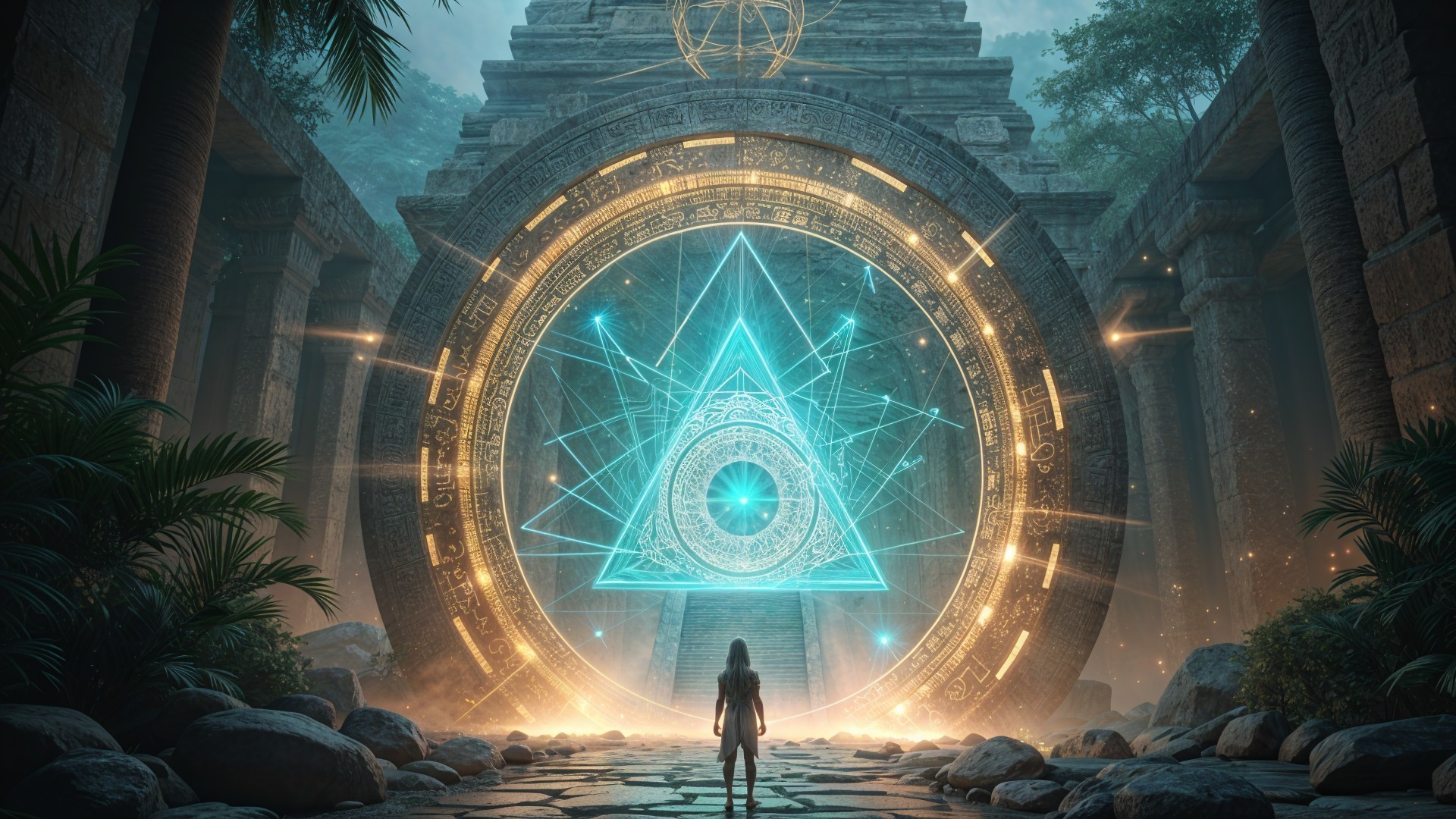 Ancient Temple with Glowing Portal and Ruins