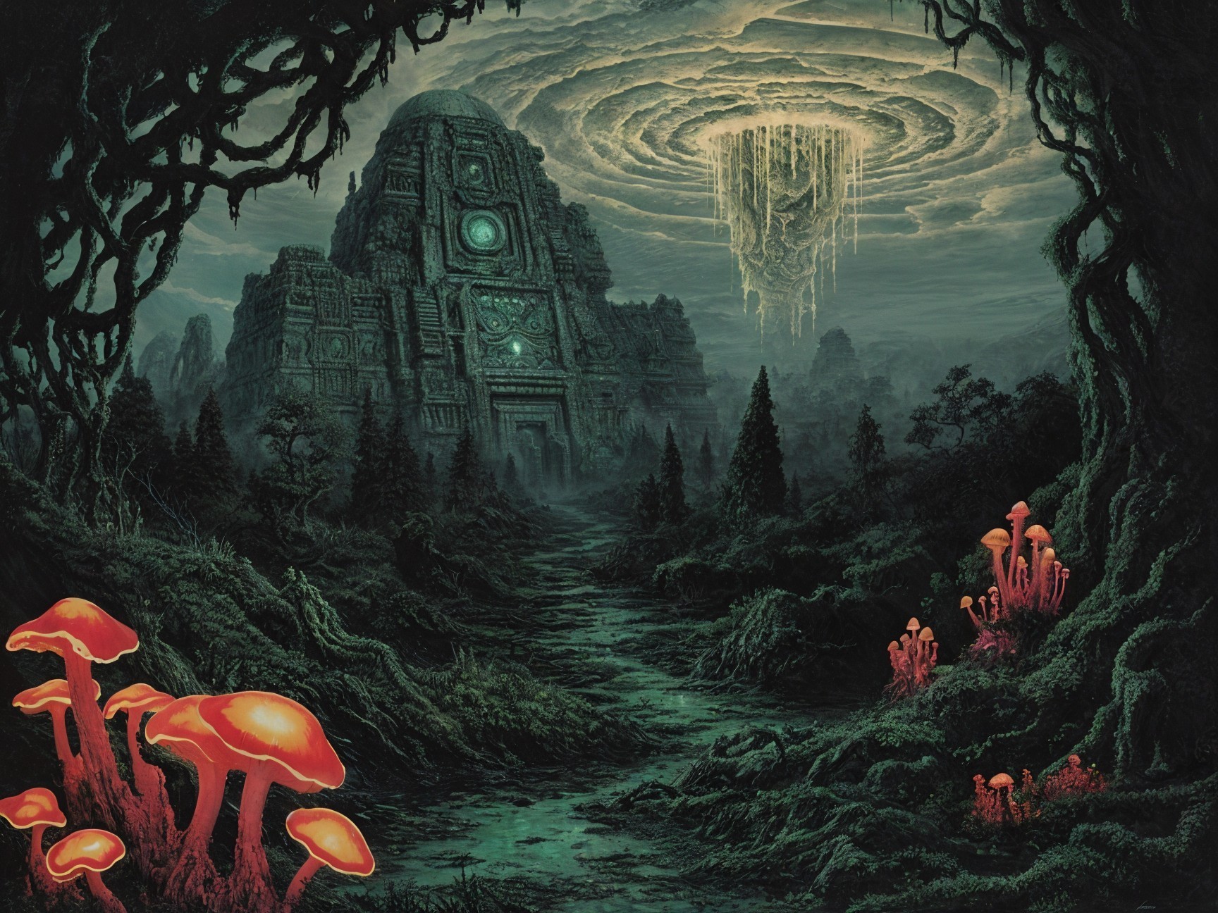Ancient Temple Surrounded by Luminescent Forest Landscape