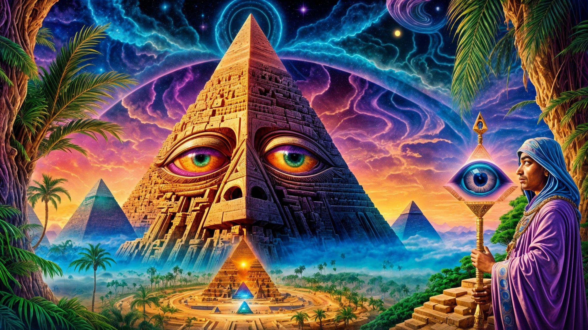 Surreal Landscape with Pyramid and Cosmic Sky