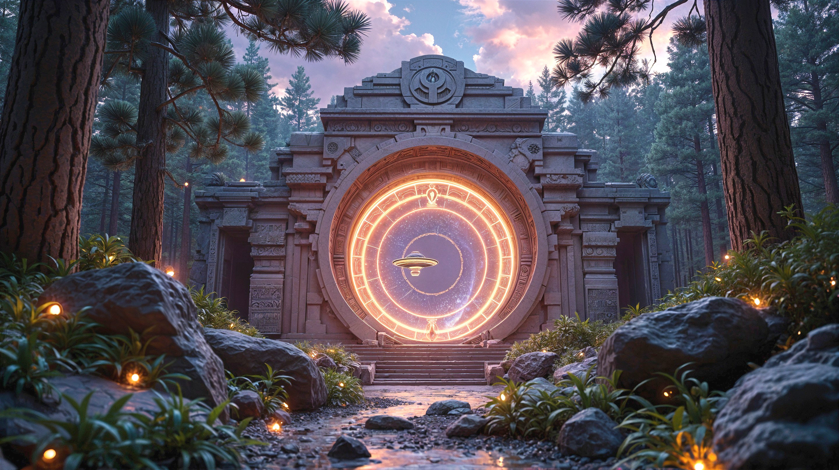 Majestic Stone Gateway Surrounded by Pine Trees