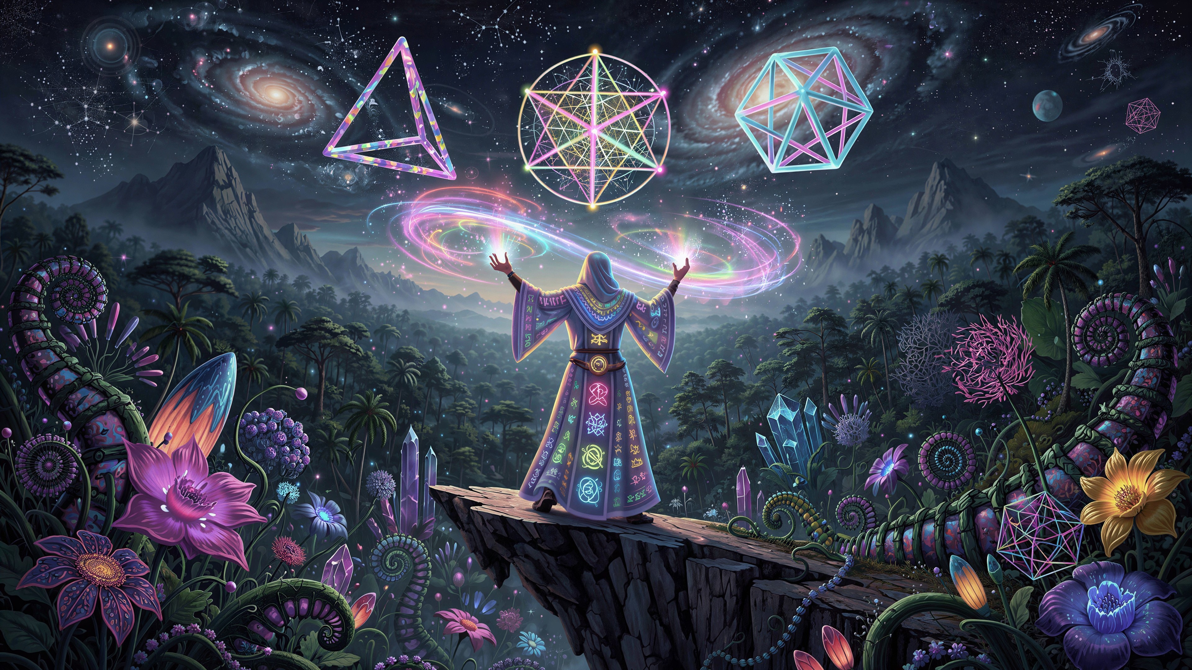 Wizard in Robe with Sacred Geometry in Alien Jungle