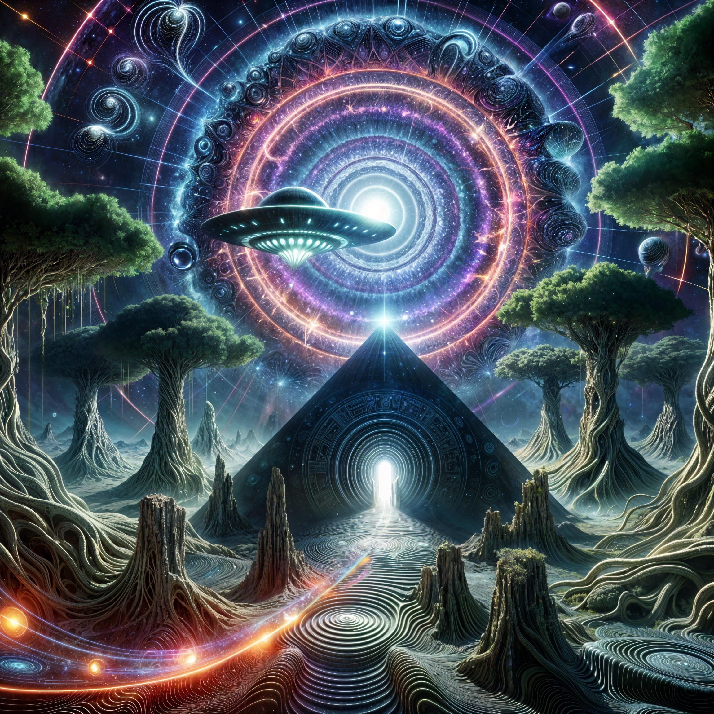 Surreal Landscape with Twisting Trees and Cosmic Sky