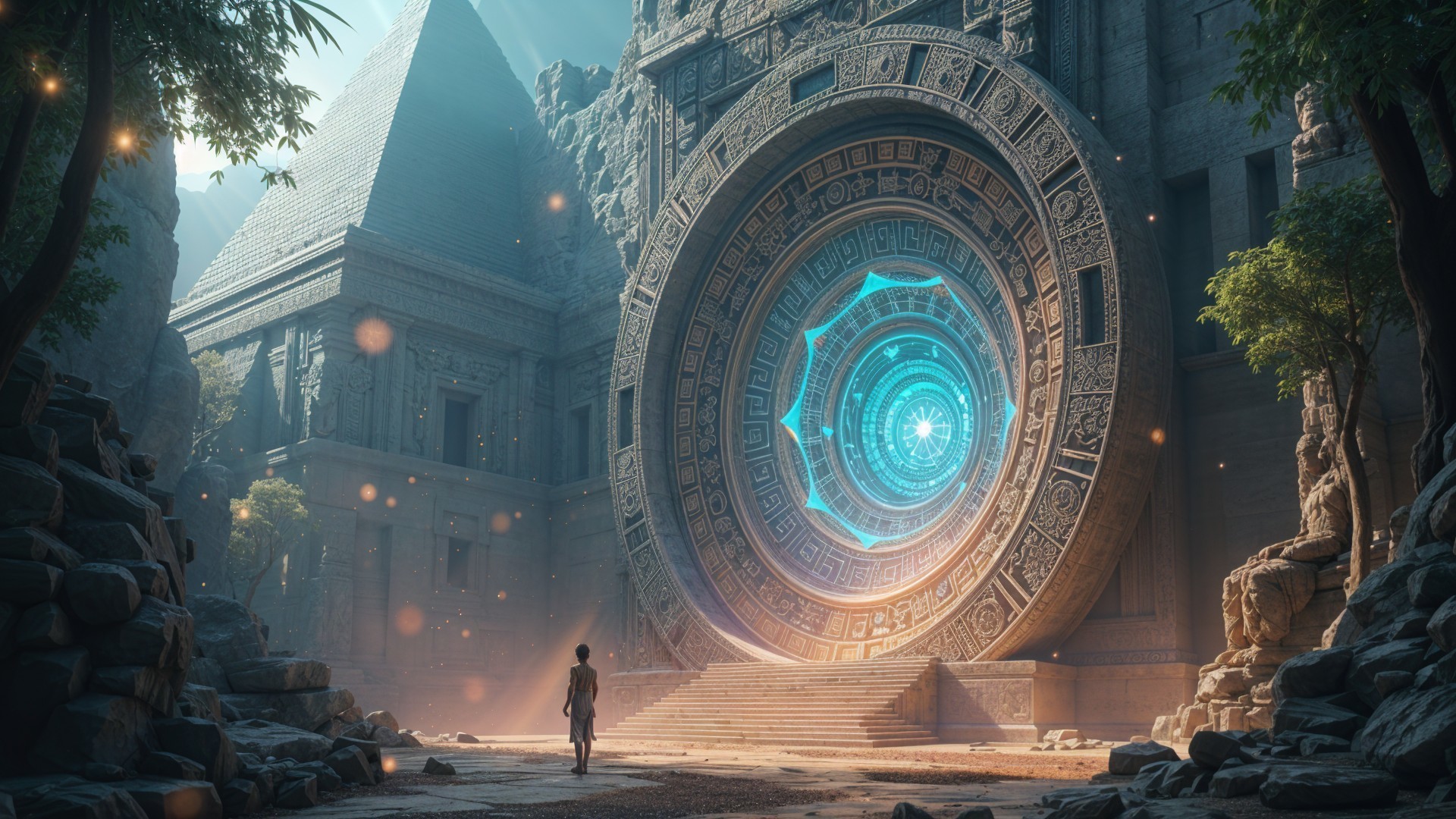 Ancient Structure with Mystical Portal and Lush Surroundings