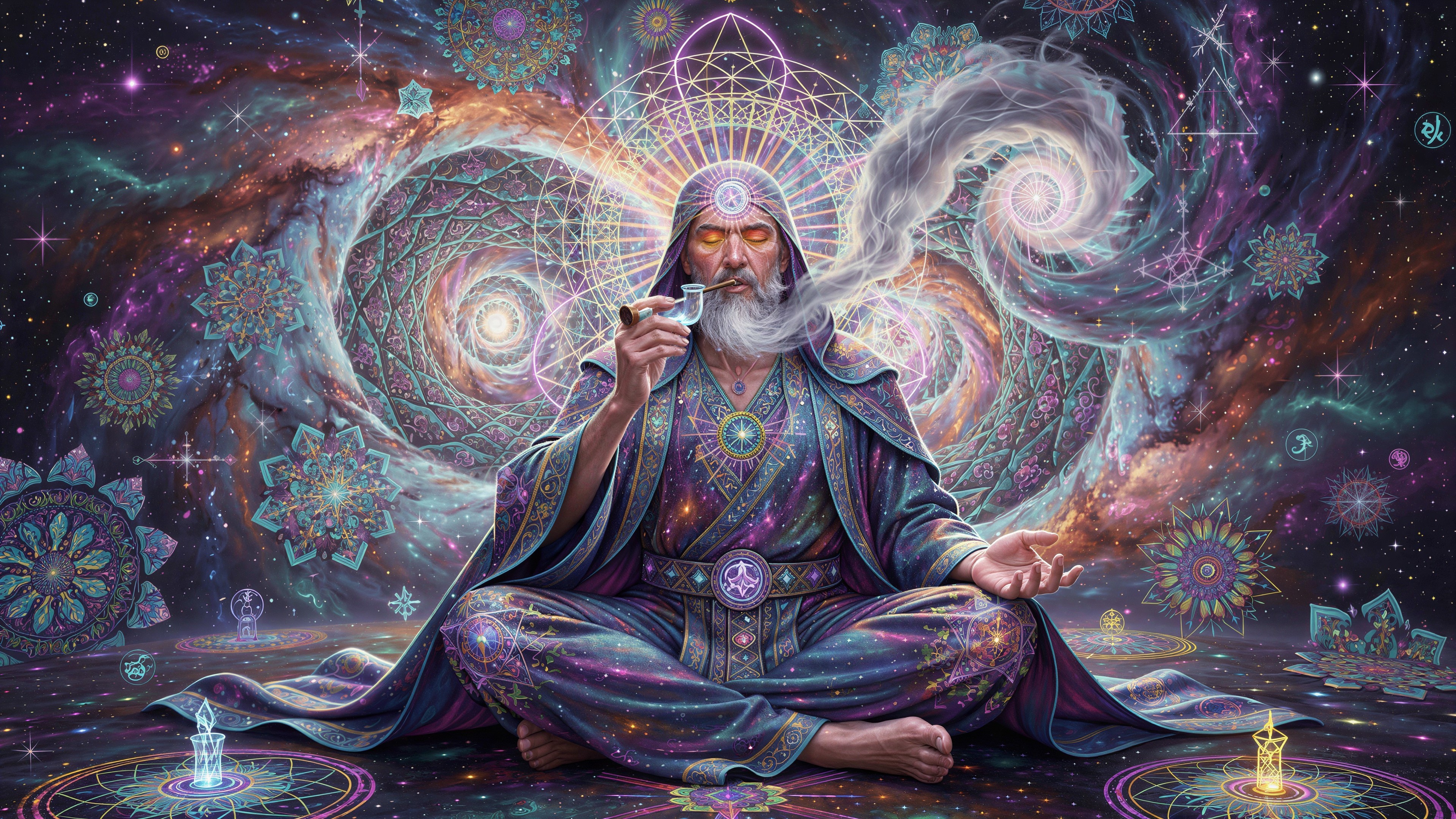 Old wizard in cosmic background with sacred geometry