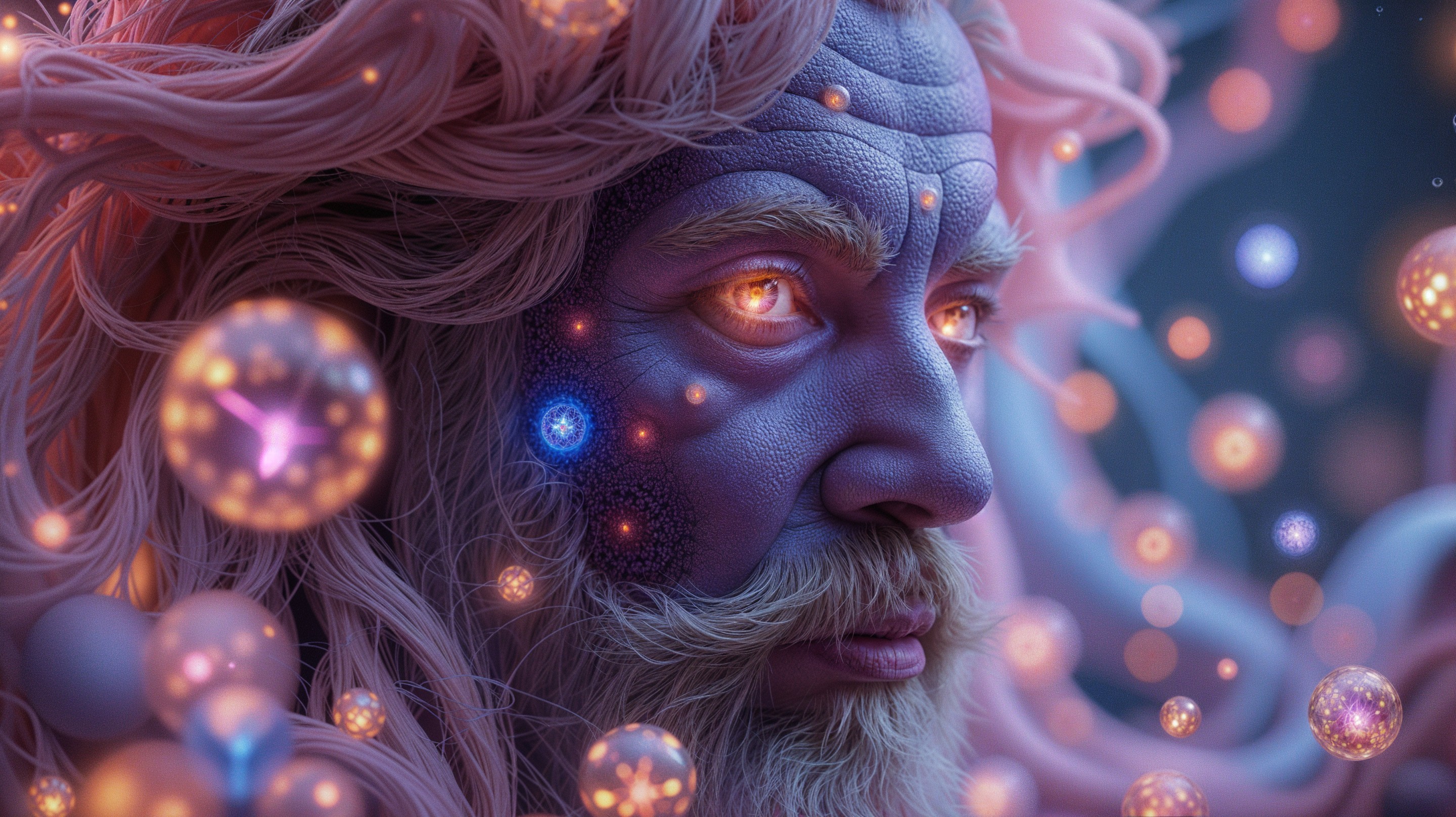 Surreal Portrait of a Mythical Figure with Vibrant Hair