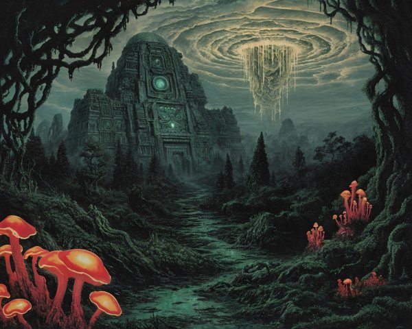 Ancient Temple Surrounded by Luminescent Forest Landscape