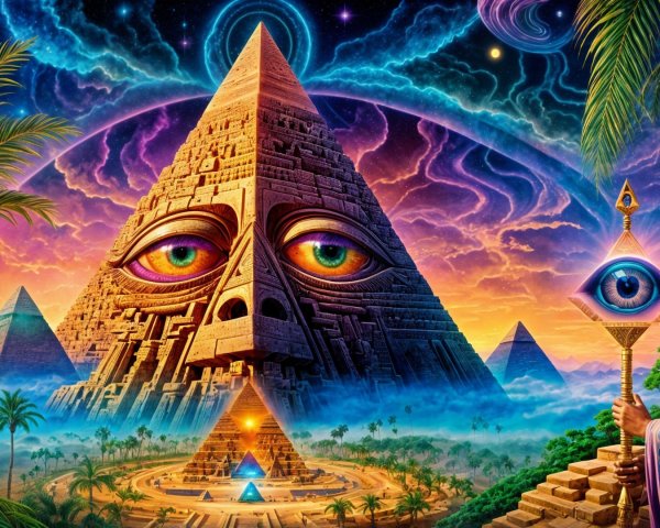 Surreal Landscape with Pyramid and Cosmic Sky