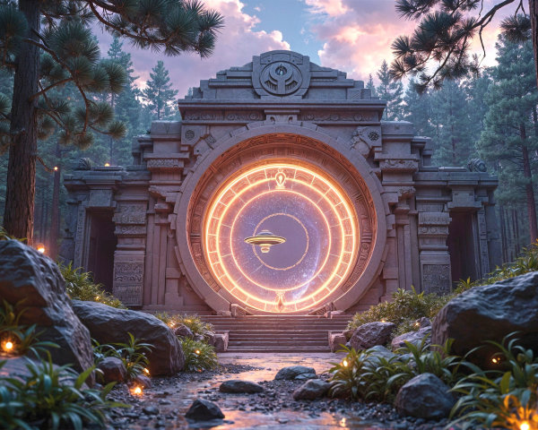 Majestic Stone Gateway Surrounded by Pine Trees