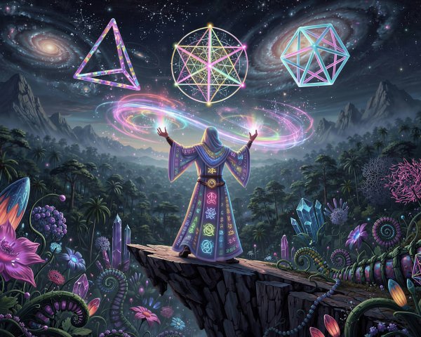 Wizard in Robe with Sacred Geometry in Alien Jungle