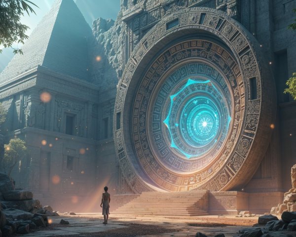 Ancient Structure with Mystical Portal and Lush Surroundings