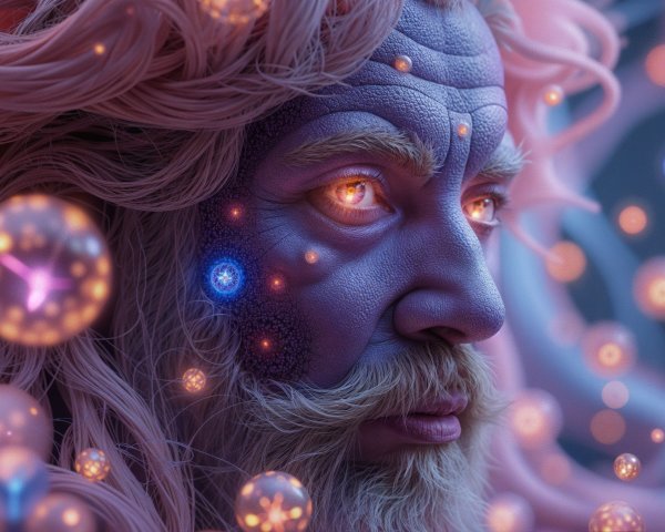 Surreal Portrait of a Mythical Figure with Vibrant Hair