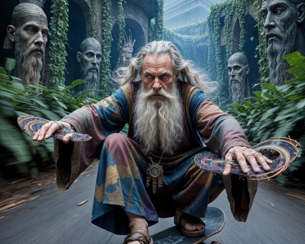 Elder Skateboarding Through Ancient Overgrown Temple