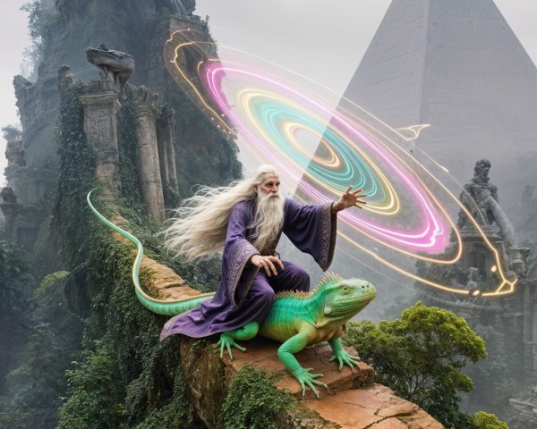 Elderly sorcerer on colorful iguana by mystical ruins