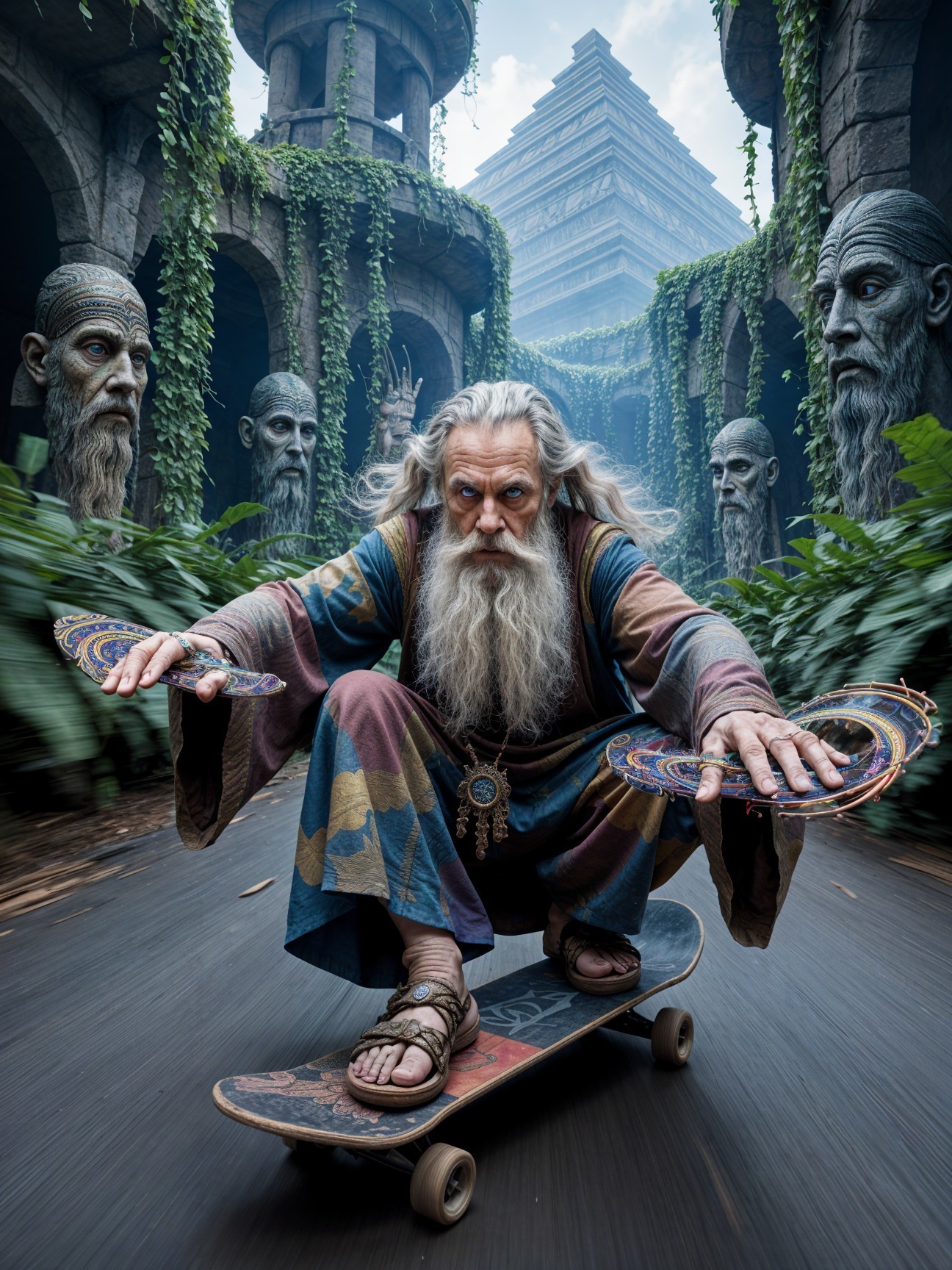 Elder Skateboarding Through Ancient Overgrown Temple