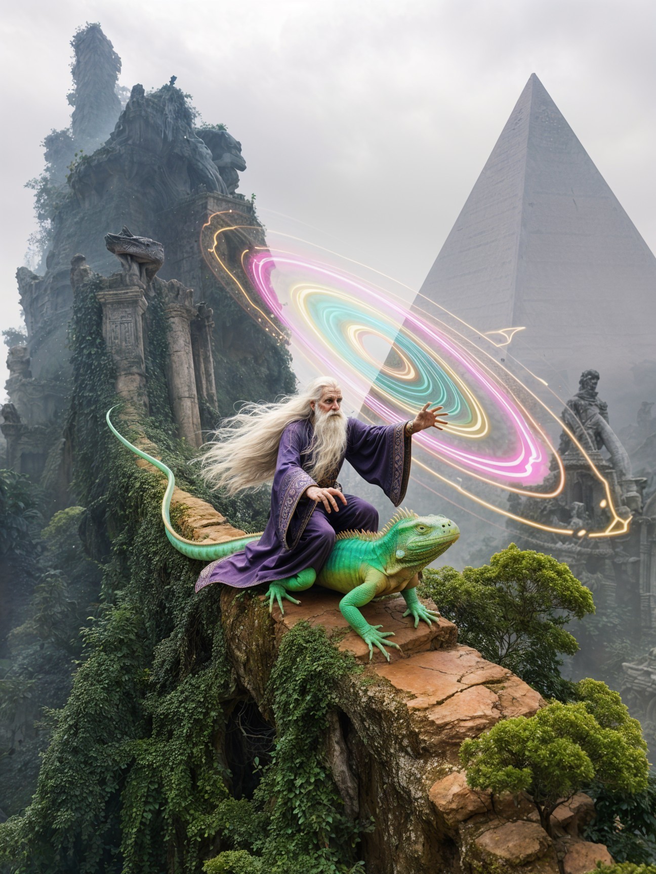 Elderly sorcerer on colorful iguana by mystical ruins