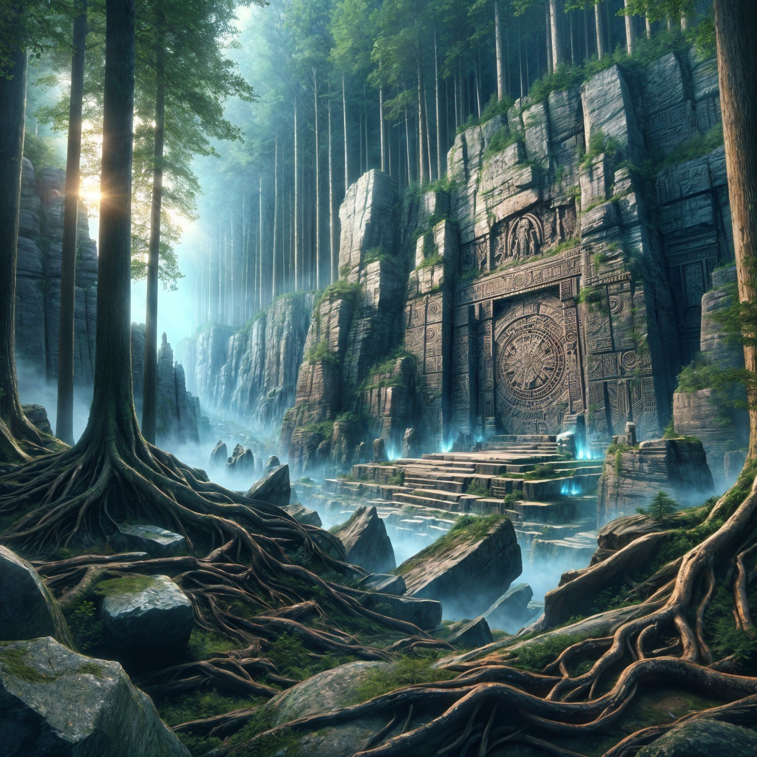Mystical Forest with Ancient Ruins and River