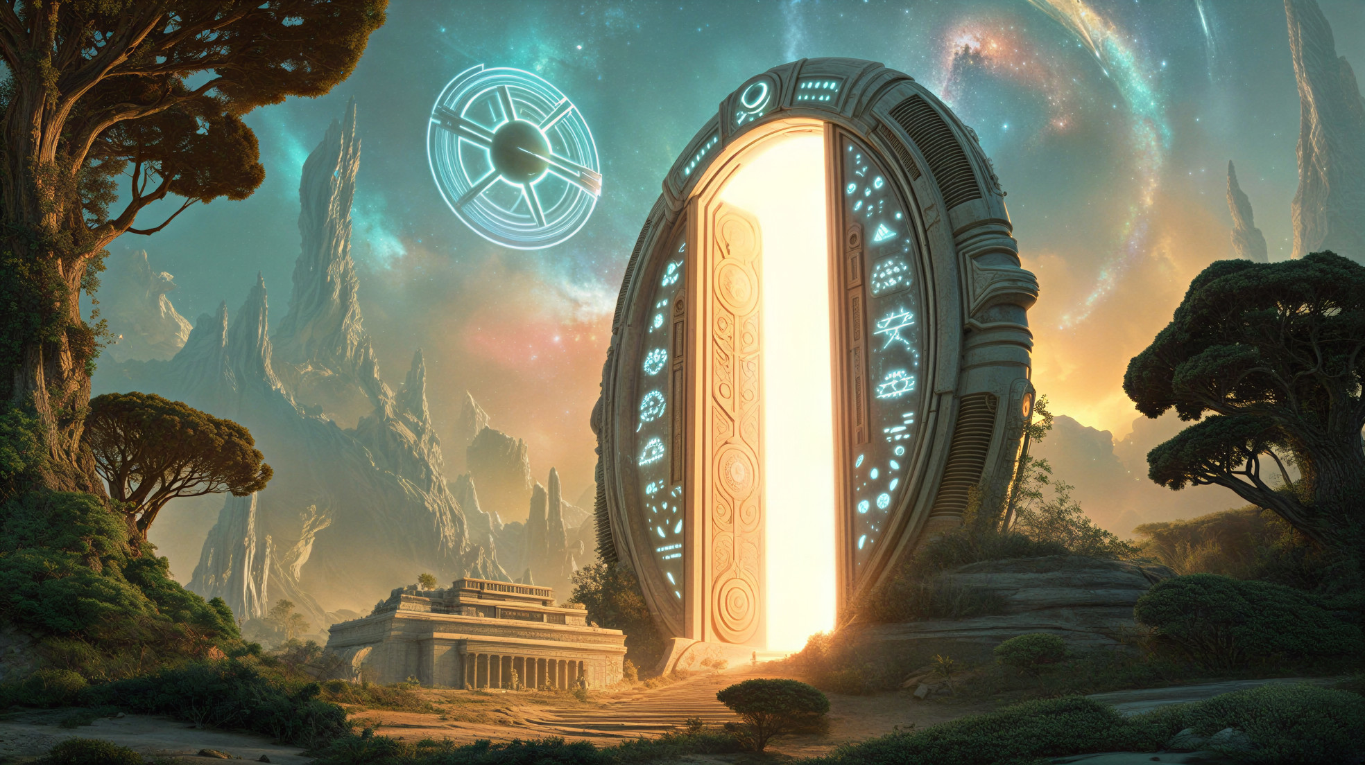 Futuristic Gateway in Alien Landscape with Ancient Structures