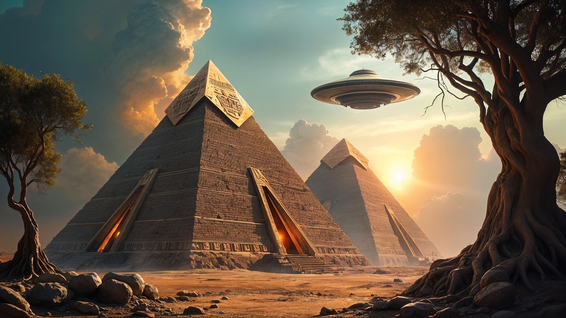 Surreal Landscape with Pyramids and UFO at Sunset
