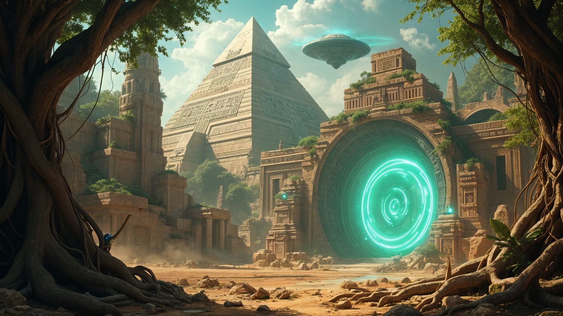 Surreal Landscape with Pyramid and Futuristic Elements