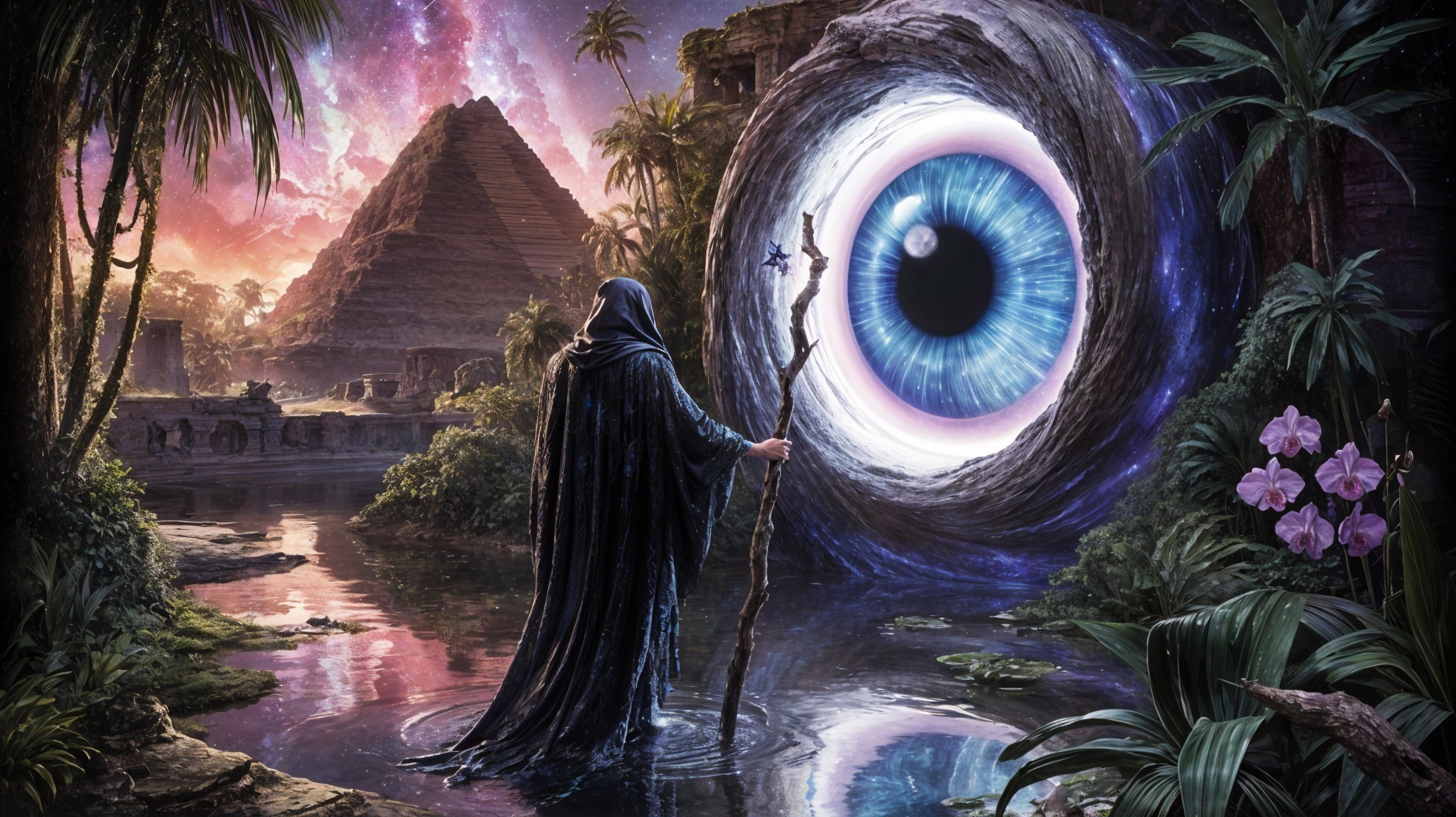 Cloaked Figure by Portal with Pyramids and Stars