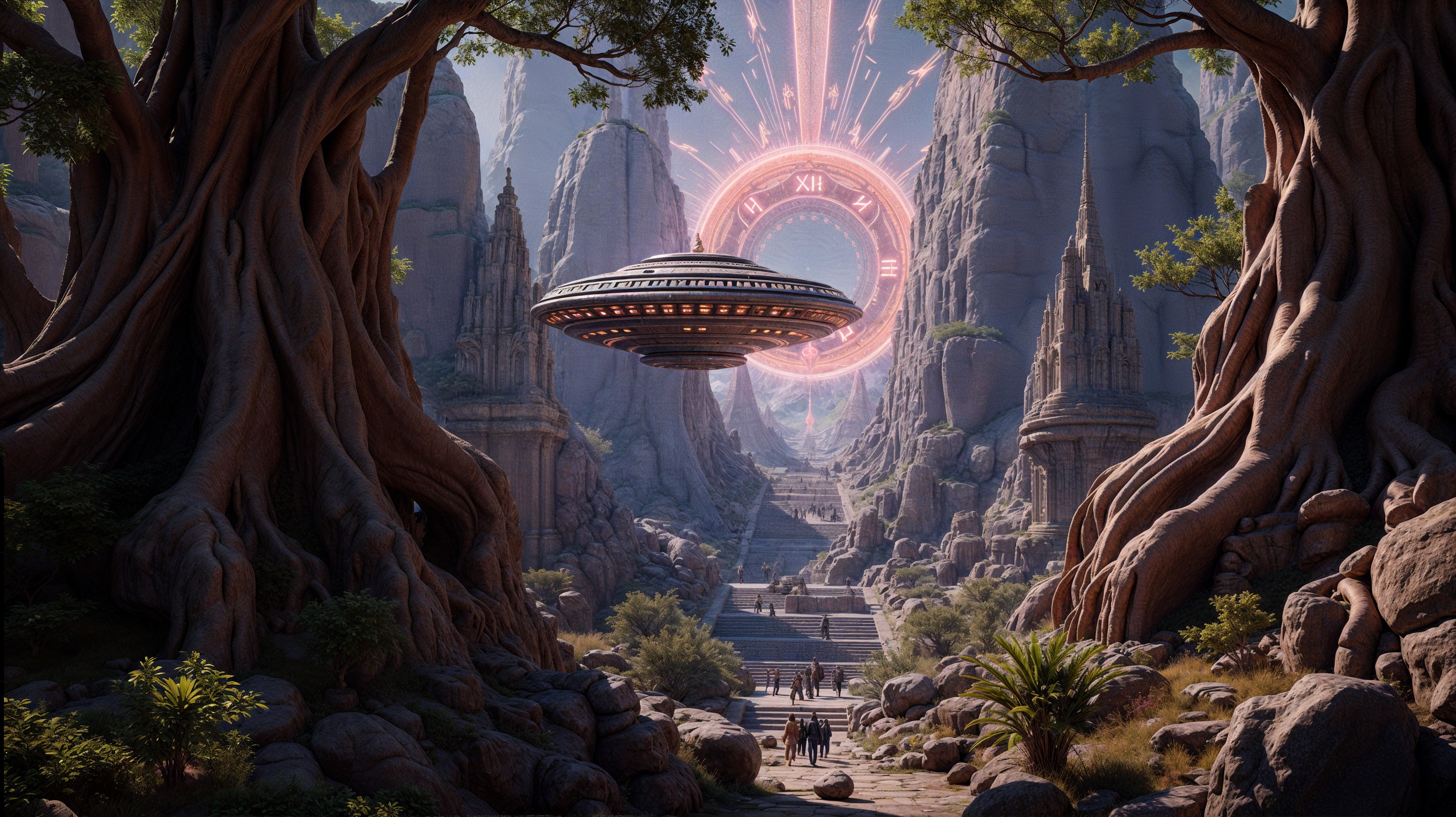 Majestic canyon with ancient trees and mystical portal