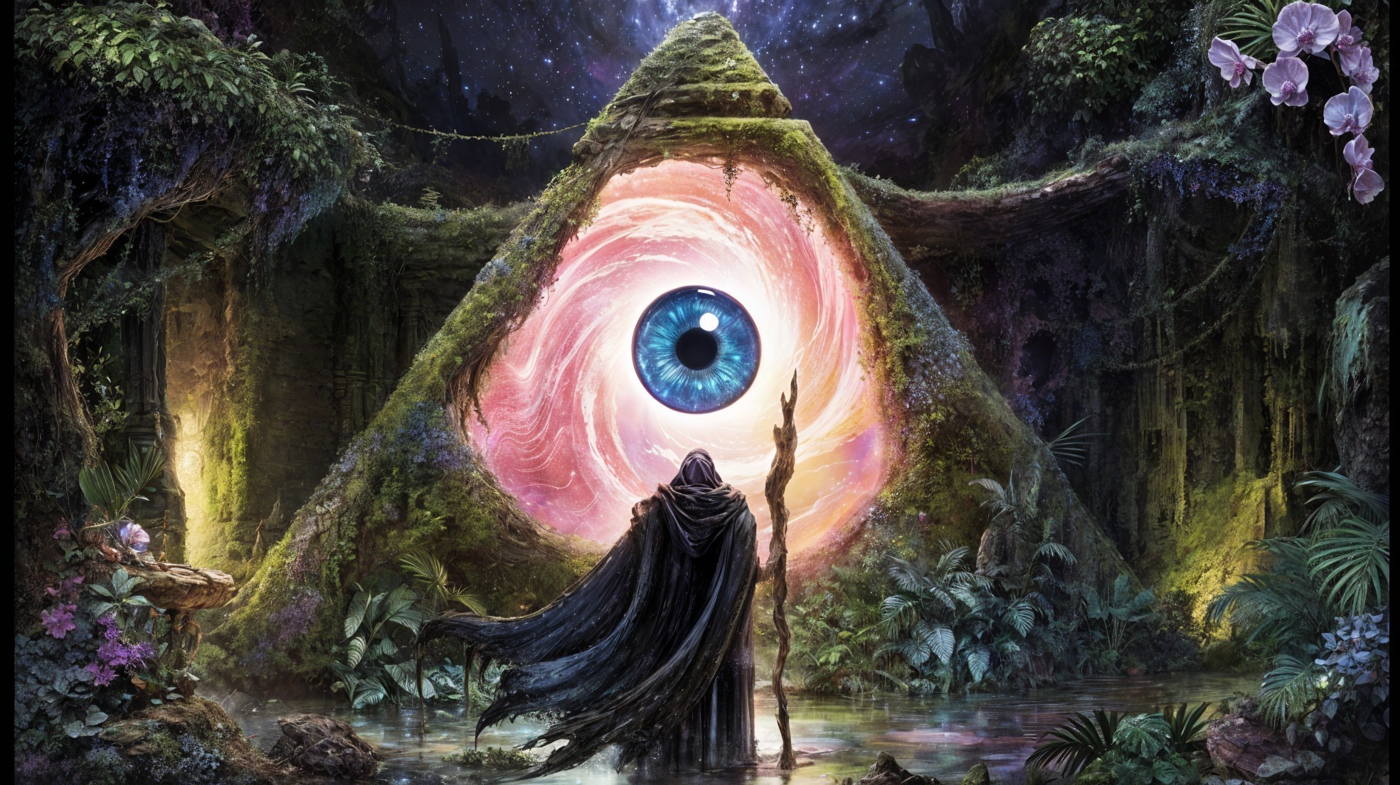 Hooded Figure at Ancient Triangular Portal with Glow