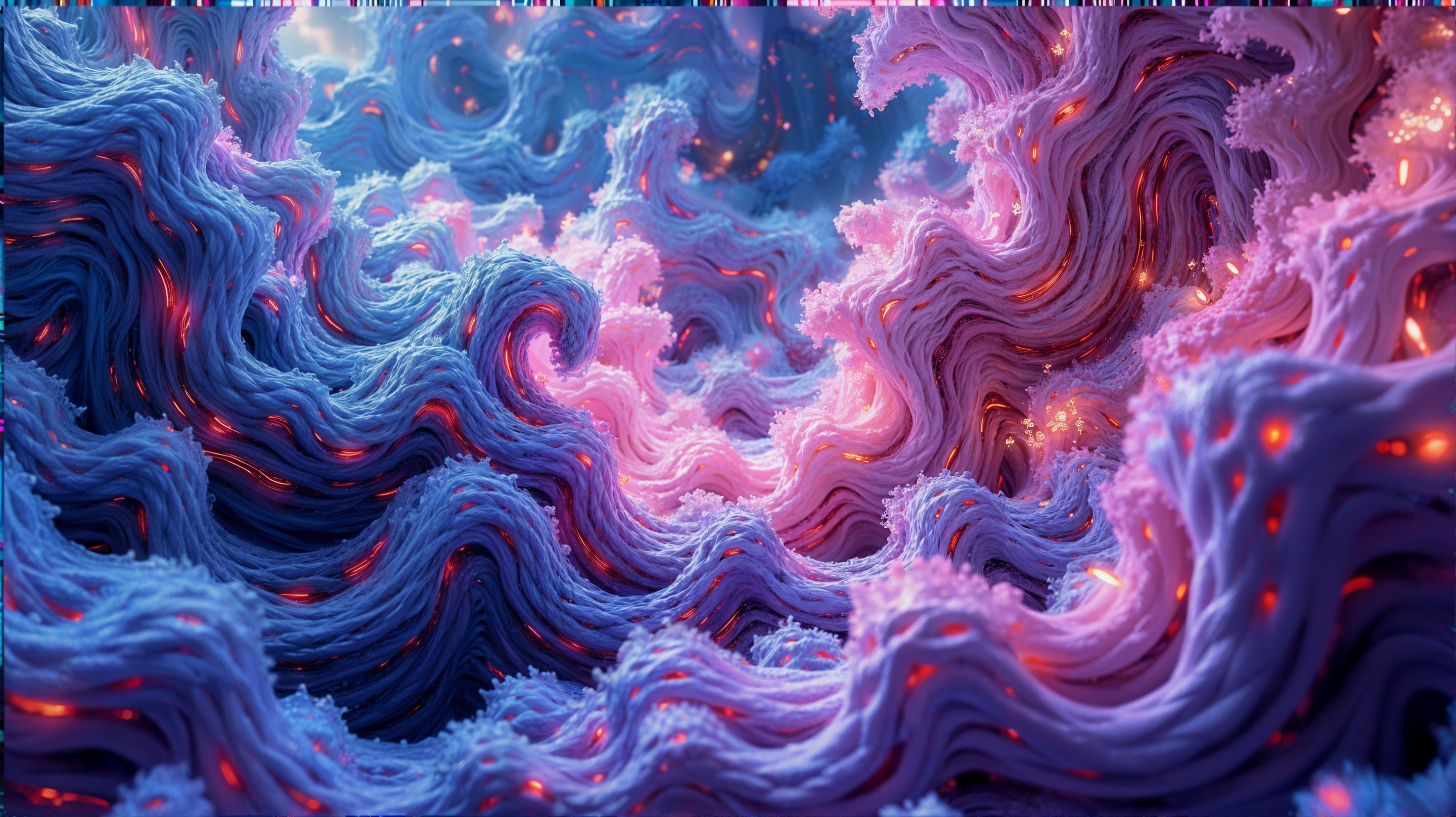 Abstract Landscape with Textured Waves in Pink and Blue