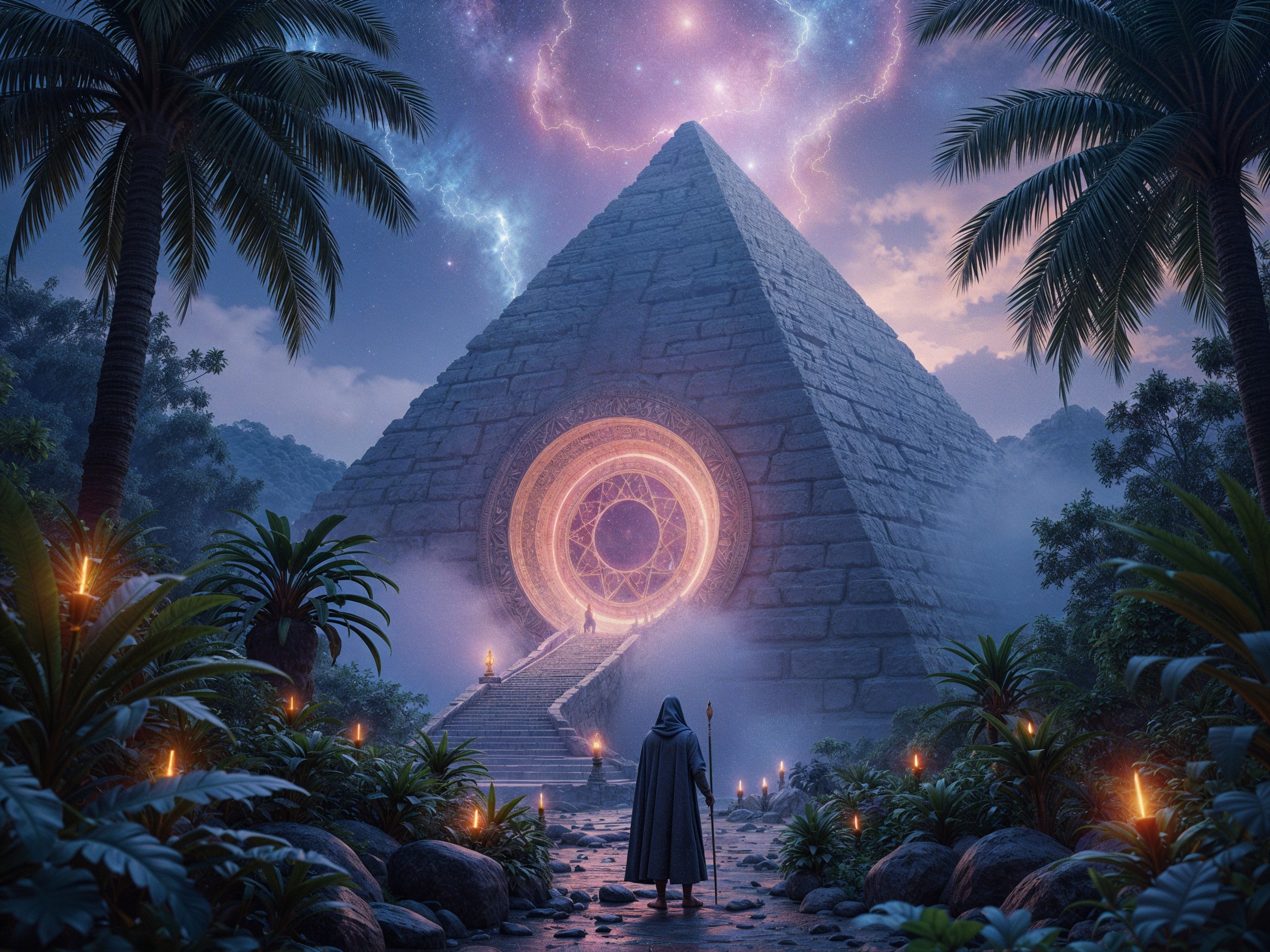 Majestic Pyramid in Tropical Landscape with Cloaked Figure