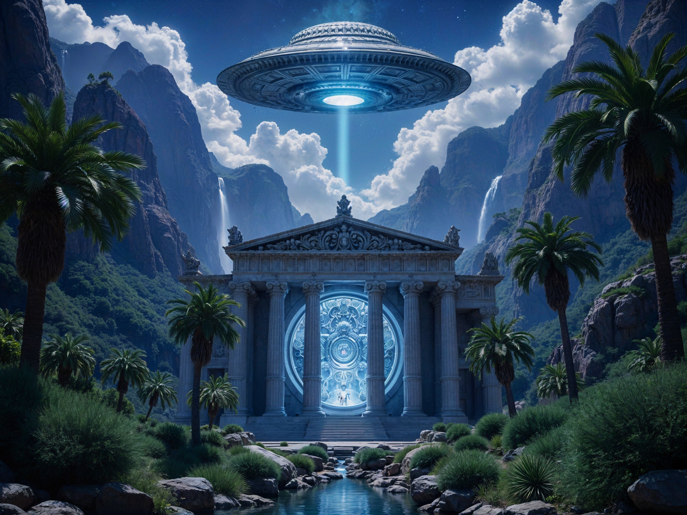 Ancient Temple with UFO in Lush Mountain Landscape