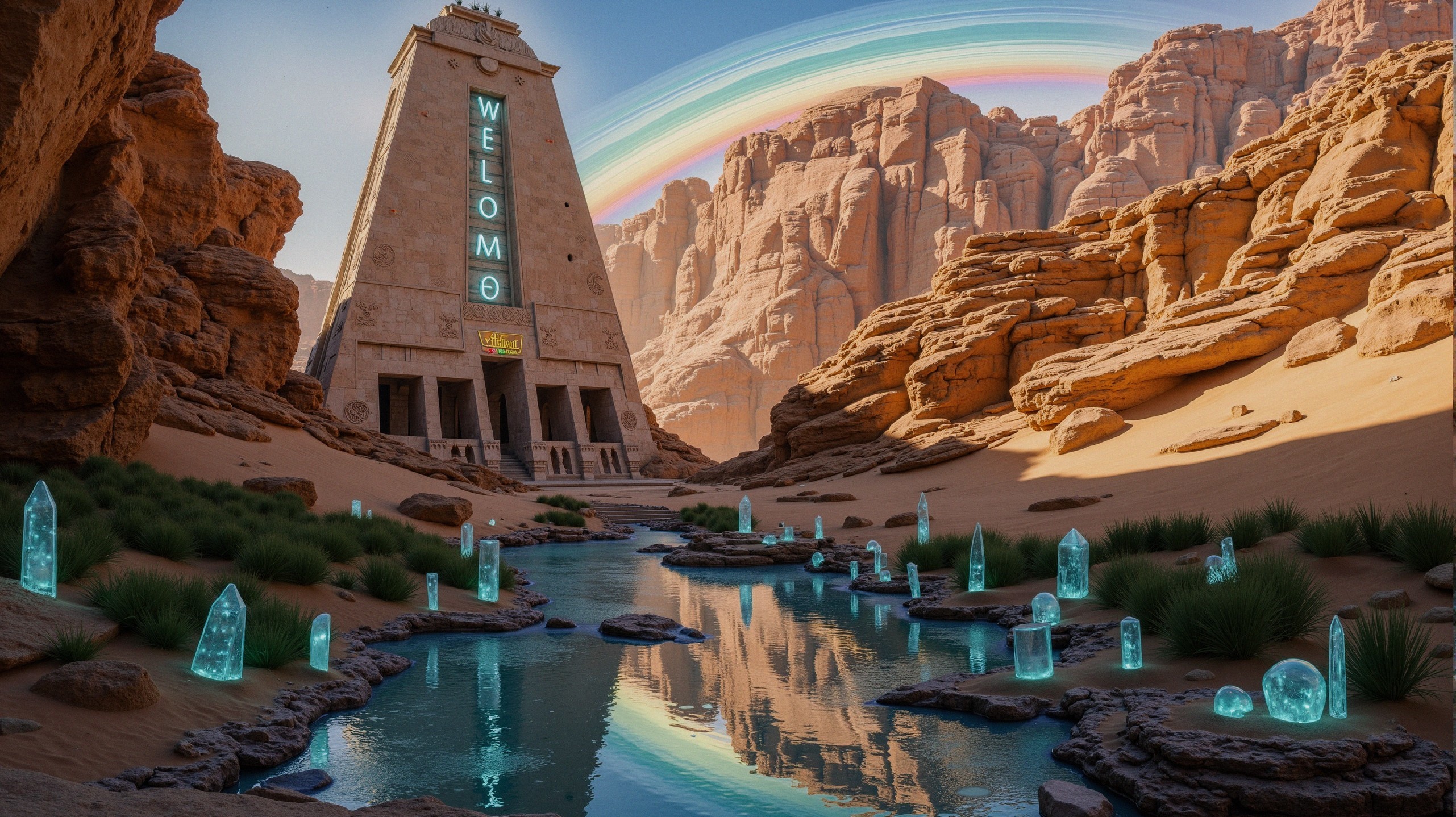 Surreal Landscape with Towering Structure and River