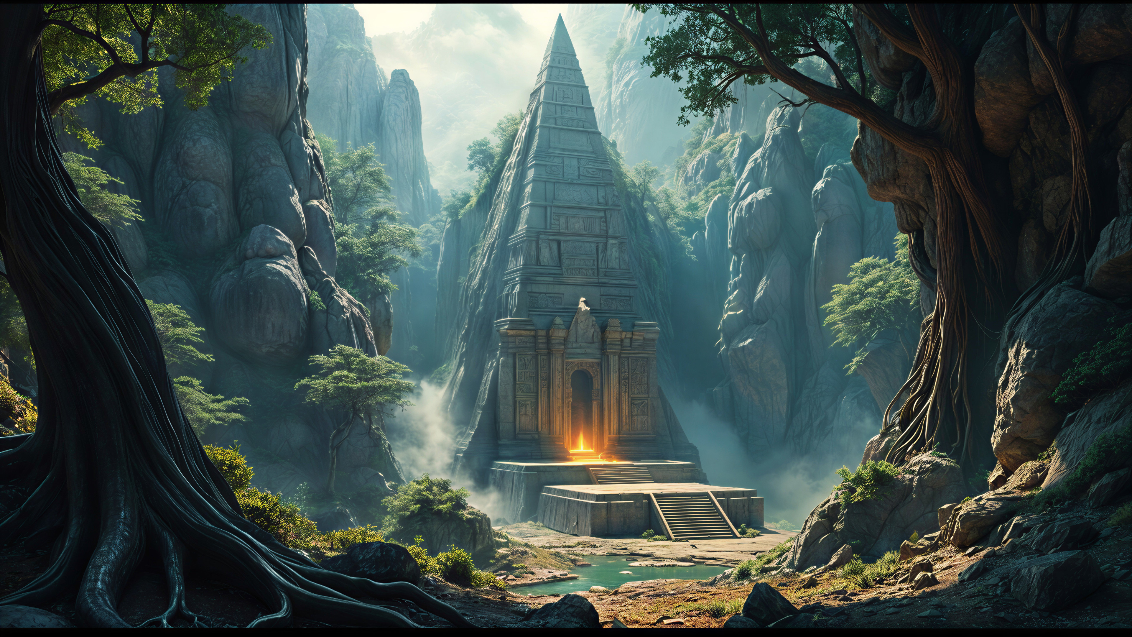 Ancient Temple Surrounded by Cliffs and Lush Greenery