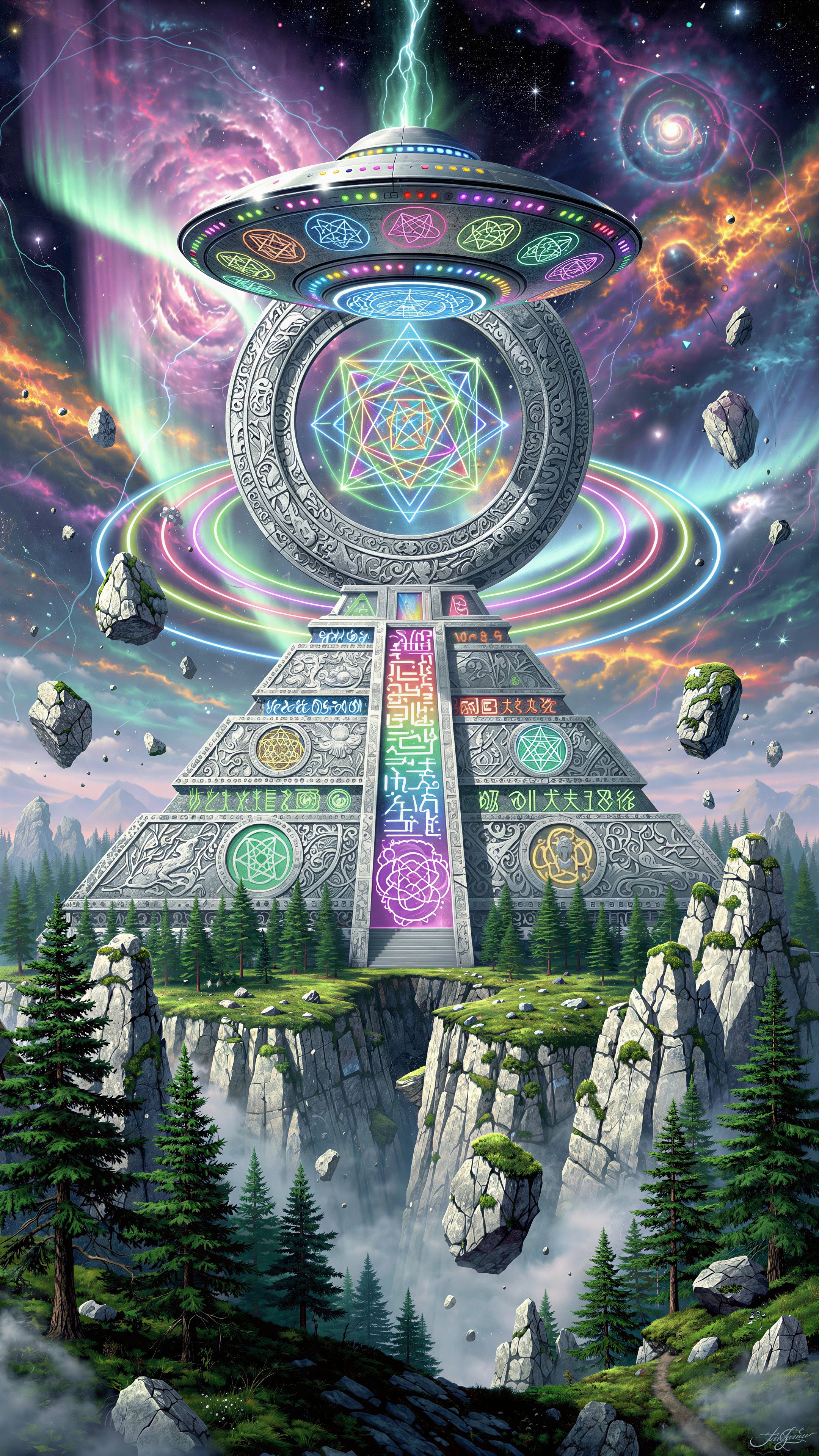 UFO Over Ancient Pyramid in Cosmic Sky Scene