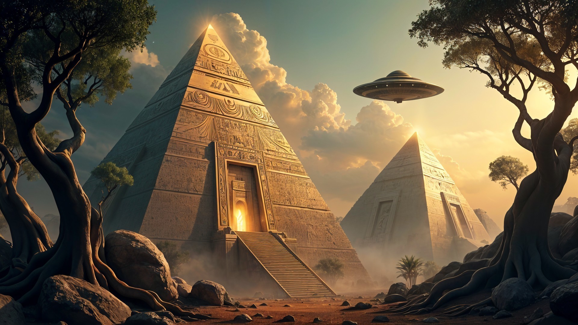 Majestic pyramids and a spaceship in a surreal landscape