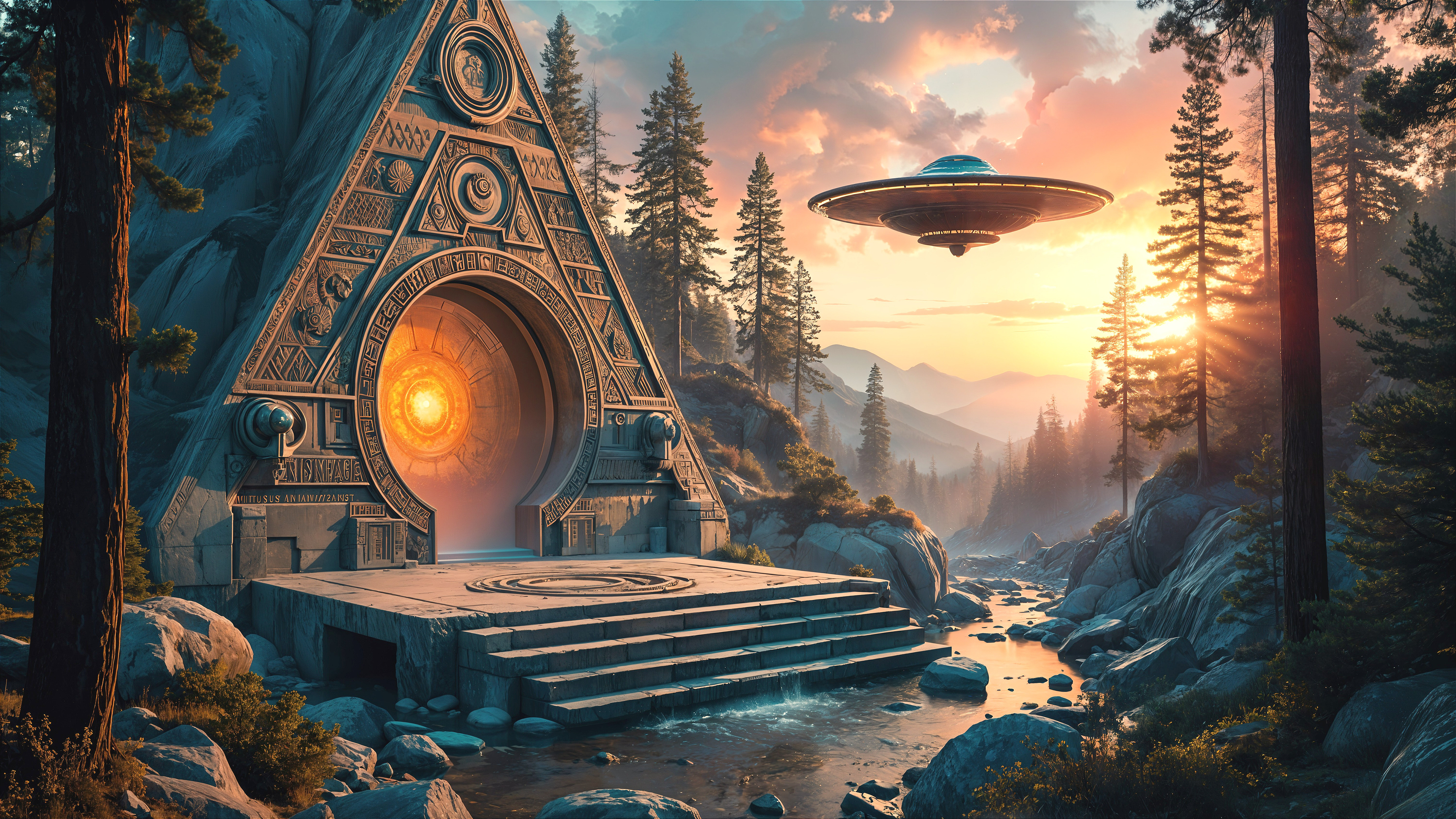Mystical Stone Archway Under Sunset with UFO Above
