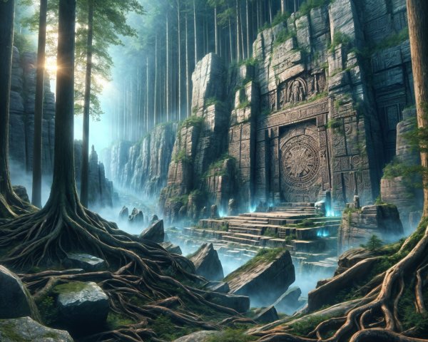 Mystical Forest with Ancient Ruins and River