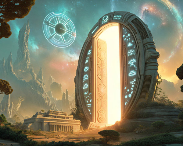 Futuristic Gateway in Alien Landscape with Ancient Structures