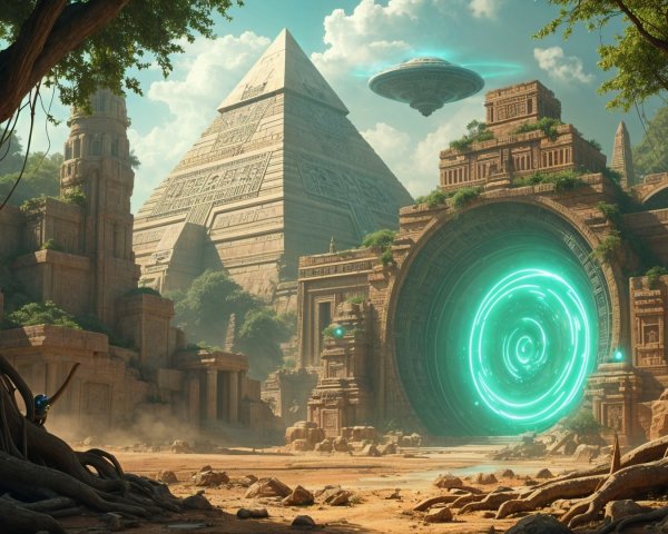 Surreal Landscape with Pyramid and Futuristic Elements