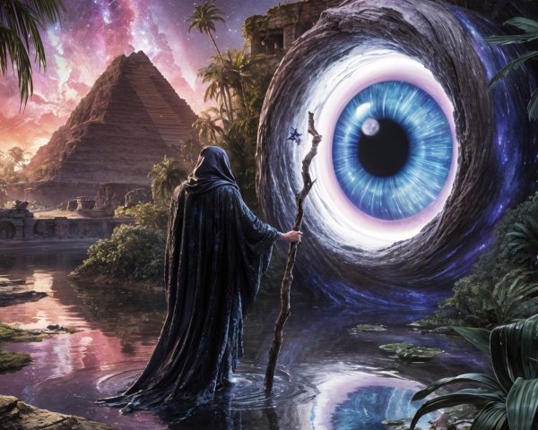 Cloaked Figure by Portal with Pyramids and Stars