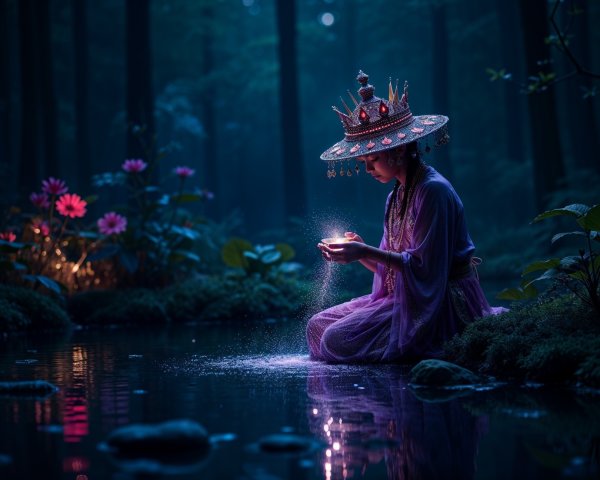 Mystical Forest Scene with Woman by Serene Pond